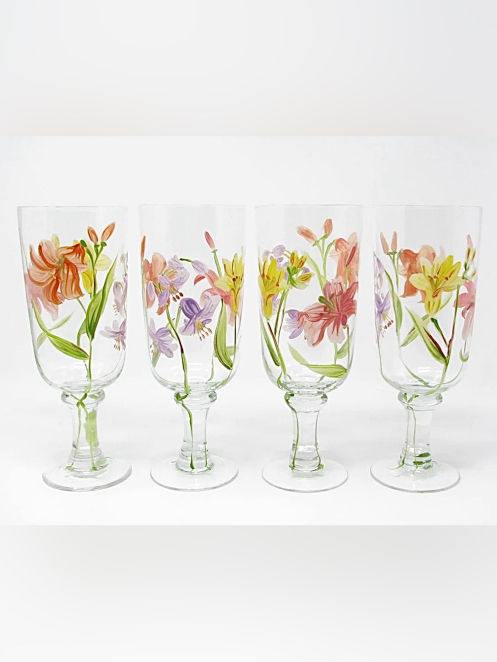 Set of 4 Block Crystal "Tropical Lilies" Hand Blown & Painted Iced Tea Glasses